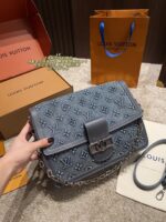 Louis Vuitton Soft Dauphine Denim Crossbody Bag Water-Rippled Pattern With Gold Buckle Black And Gold Colour Scheme Sturdy, Structured Silhouette Dual-Strap Interchangeability - Image 4
