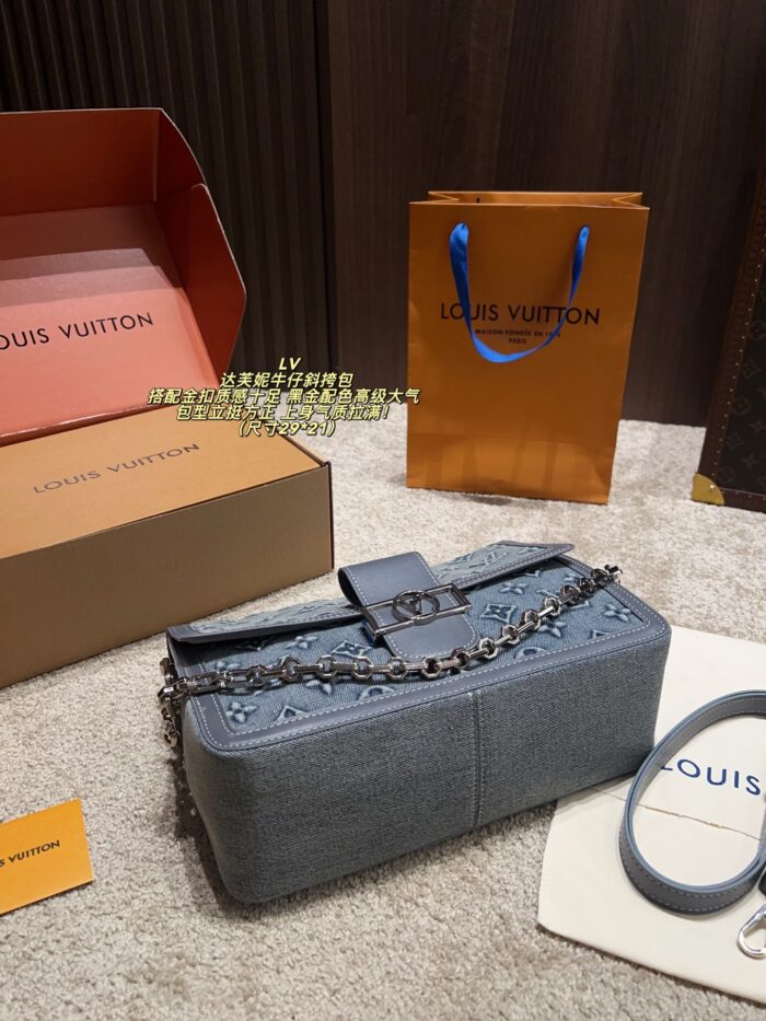 Louis Vuitton Soft Dauphine Denim Crossbody Bag Water-Rippled Pattern With Gold Buckle Black And Gold Colour Scheme Sturdy, Structured Silhouette Dual-Strap Interchangeability - Image 5
