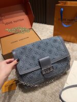 Louis Vuitton Soft Dauphine Denim Crossbody Bag Water-Rippled Pattern With Gold Buckle Black And Gold Colour Scheme Sturdy, Structured Silhouette Dual-Strap Interchangeability - Image 7
