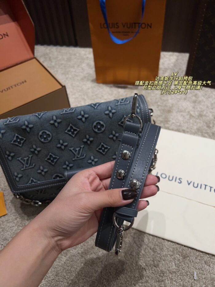Louis Vuitton Soft Dauphine Denim Crossbody Bag Water-Rippled Pattern With Gold Buckle Black And Gold Colour Scheme Sturdy, Structured Silhouette Dual-Strap Interchangeability - Image 8