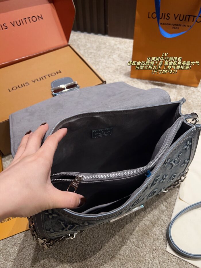 Louis Vuitton Soft Dauphine Denim Crossbody Bag Water-Rippled Pattern With Gold Buckle Black And Gold Colour Scheme Sturdy, Structured Silhouette Dual-Strap Interchangeability - Image 9
