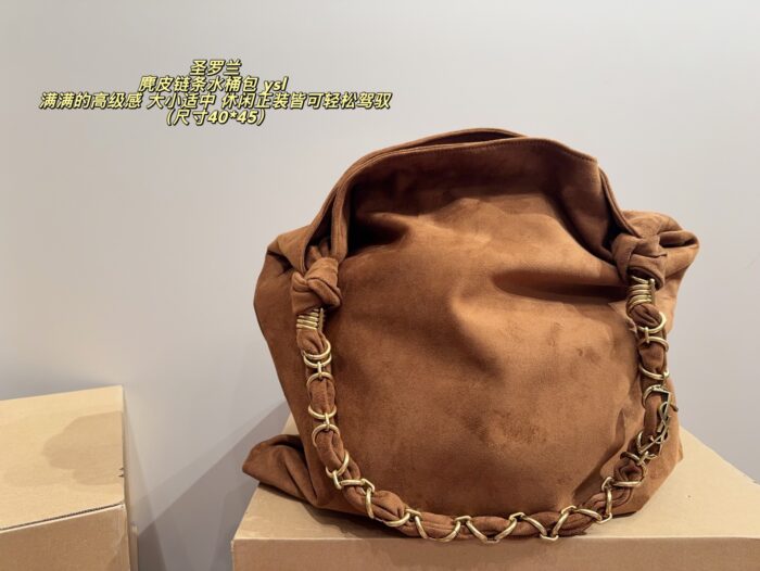 Yves Saint Laurent Suede Chain Bucket Bag Retro Elegance Generous Capacity Effortlessly Versatile For Both Casual And Formal Wear - Image 2