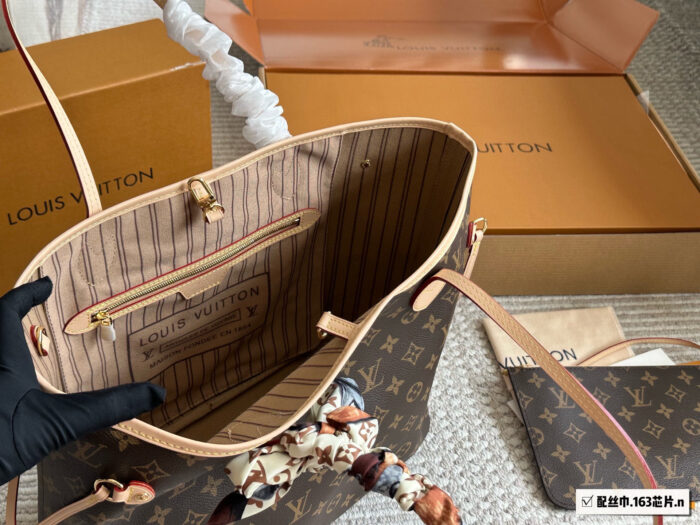 Louis Vuitton Neverfull Tote Authentic 163 Chip With Silk Scarf Extra-Large Capacity Detachable Zippered Clutch Colour-Changing Leather With Gift Box - Image 7